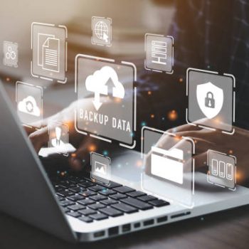 Businessman using a computer to backup storage data Internet technology concept for backup online documentation database and digital file storage system or software,file access, doc sharing.