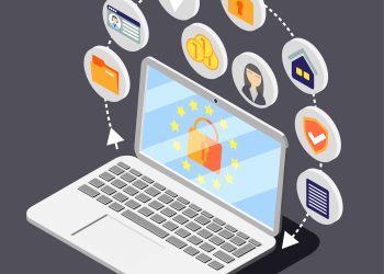 Personal data protection gdpr isometric background composition with image of laptop surrounded by circle pictogram icons vector illustration